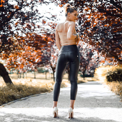 Women's High-Waist Faux Leather Yoga Pants - Matte Black Fitness Leggings