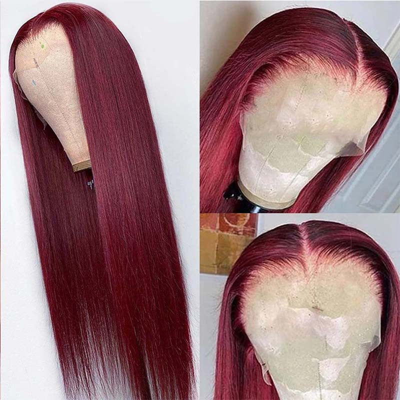 Full Headgear Long Straight Front Lace Wig - Real Human Hair Smooth Wine Red