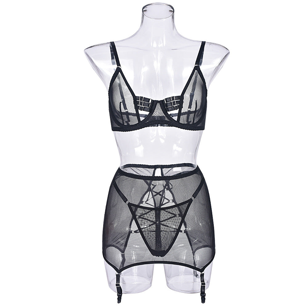Women's Strappy Mesh Lingerie Set - Four-Piece Intimate Apparel Collection