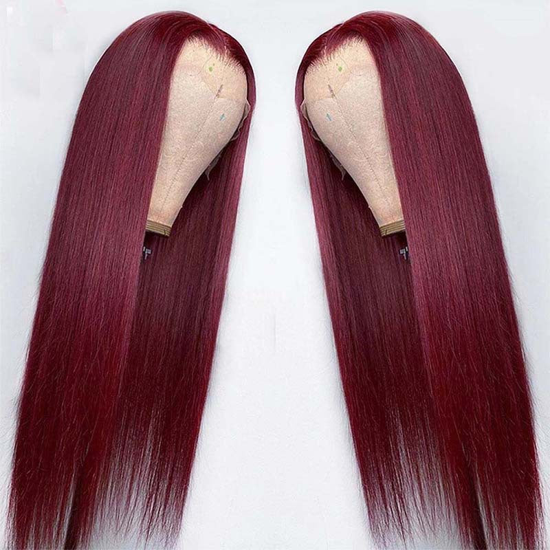 Full Headgear Long Straight Front Lace Wig - Real Human Hair Smooth Wine Red