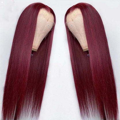 Full Headgear Long Straight Front Lace Wig - Real Human Hair Smooth Wine Red