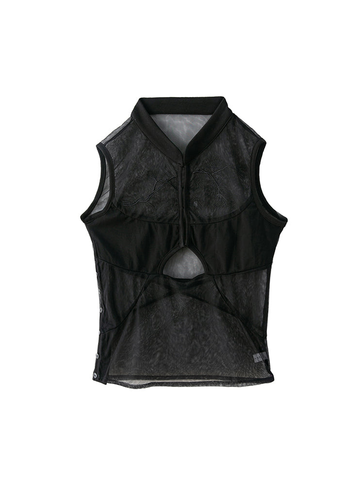 Chinese Style Pine Cypress Embroidered Hollow Gauze Top - Black
