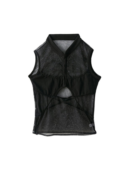 Chinese Style Pine Cypress Embroidered Hollow Gauze Top - Black