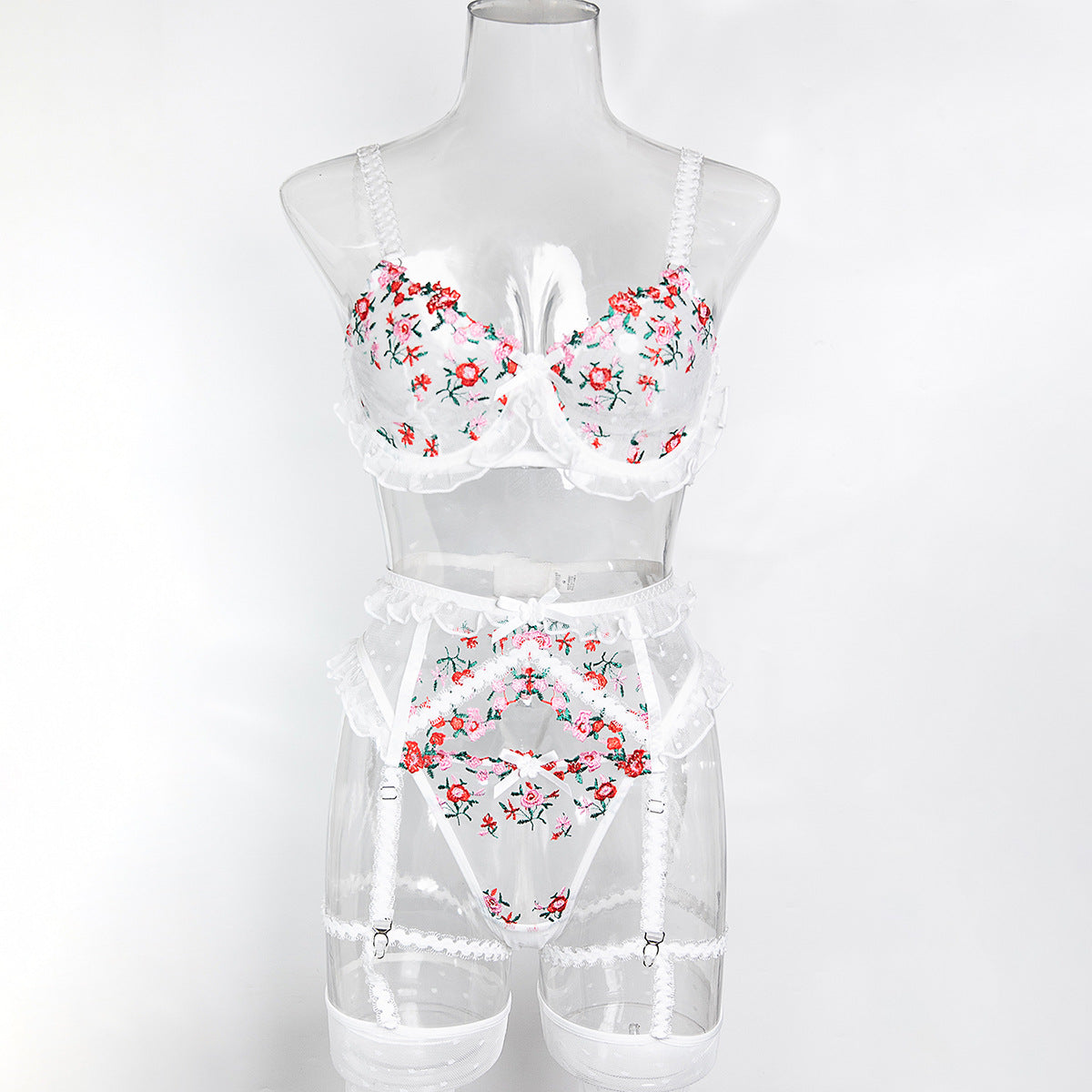 Women's Floral Embroidery Lace Lingerie Set - Four-Piece Pleated Design