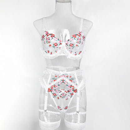 Women's Floral Embroidery Lace Lingerie Set - Four-Piece Pleated Design