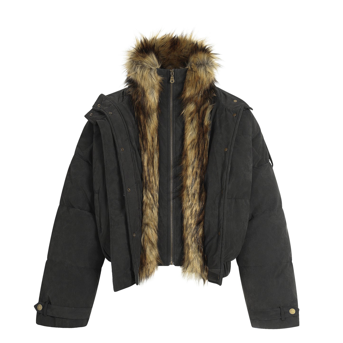 Fleece-Lined PU Leather Puffer Jacket with Fur Collar - Unisex