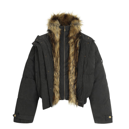 Fleece-Lined PU Leather Puffer Jacket with Fur Collar - Unisex