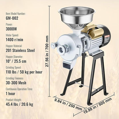 Commercial Grain Mill - 3000W Dry and Wet Corn Grinder for Spices, Coffee, Herbs