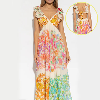 Women's V-Neck Ruffle Sleeve Floral Print Backless Maxi Dress - French-Style Beach Dress