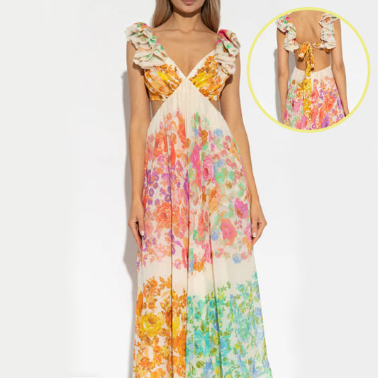 Women's V-Neck Ruffle Sleeve Floral Print Backless Maxi Dress - French-Style Beach Dress