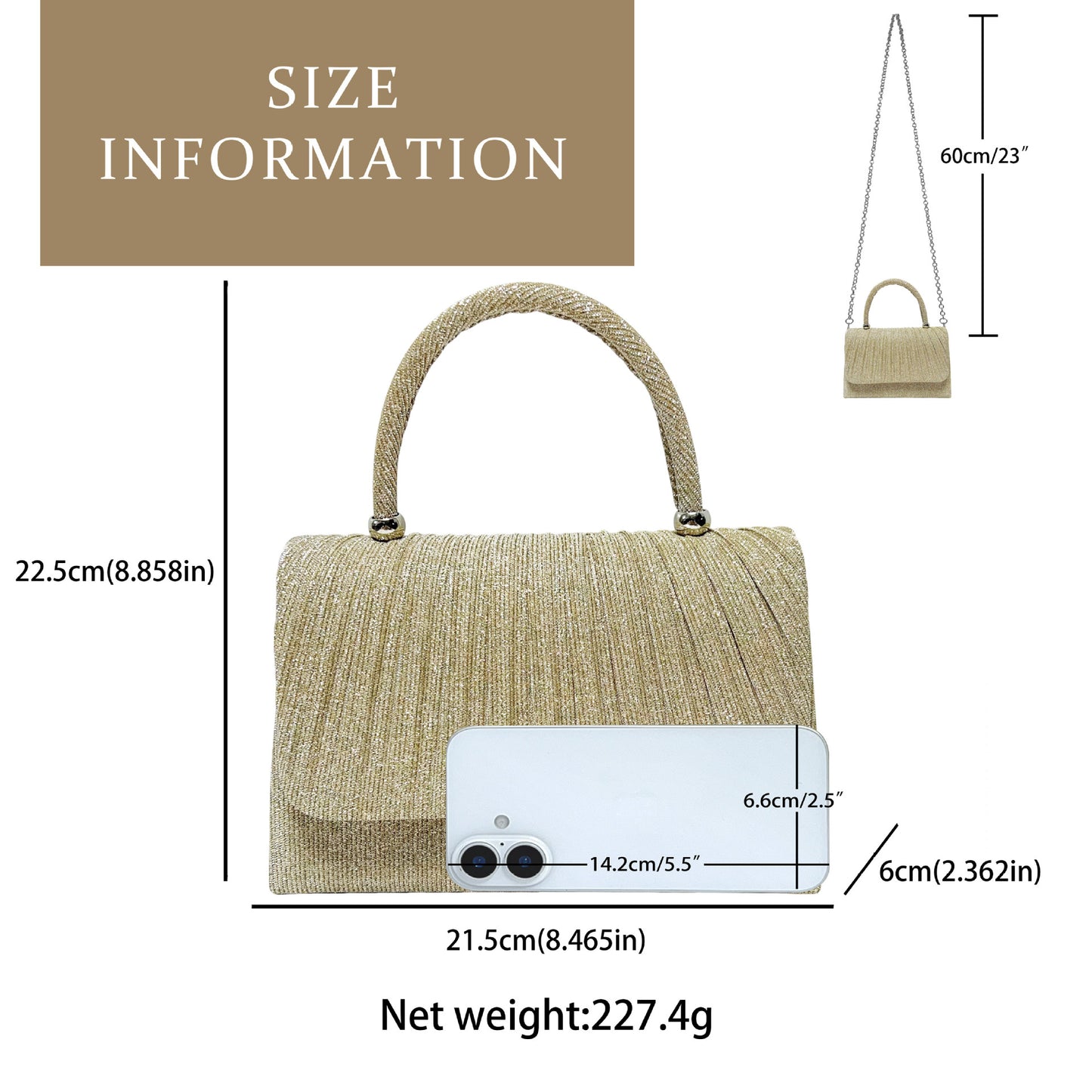 Gold Crinkle Convertible Evening Bag - Multi-Way Clutch Shoulder Crossbody Handbag