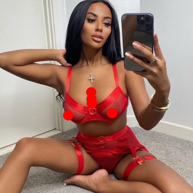 Women's Mesh Lingerie Set with Metal Chain Accents - Four-Piece Collection