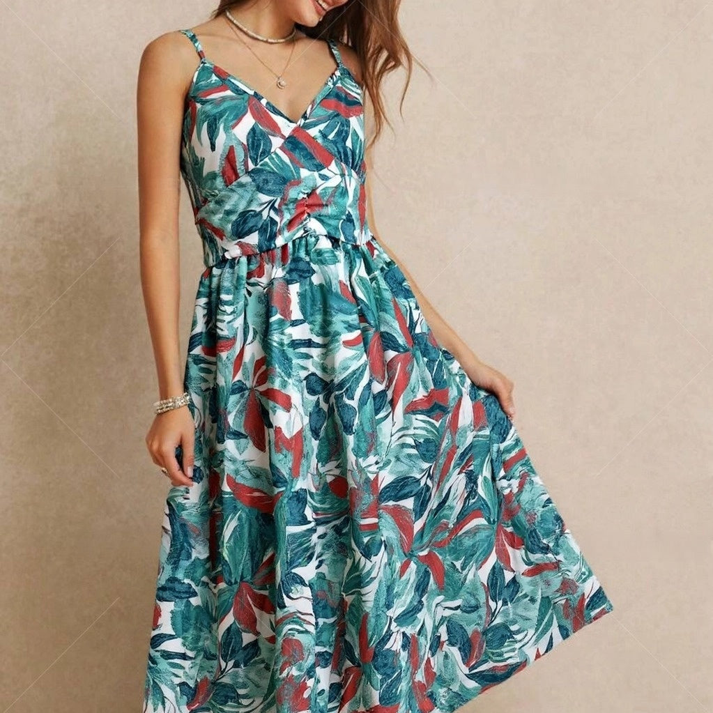Women's Tropical Print High-Waist Maxi Dress - Long Sleeve A-Line Dress