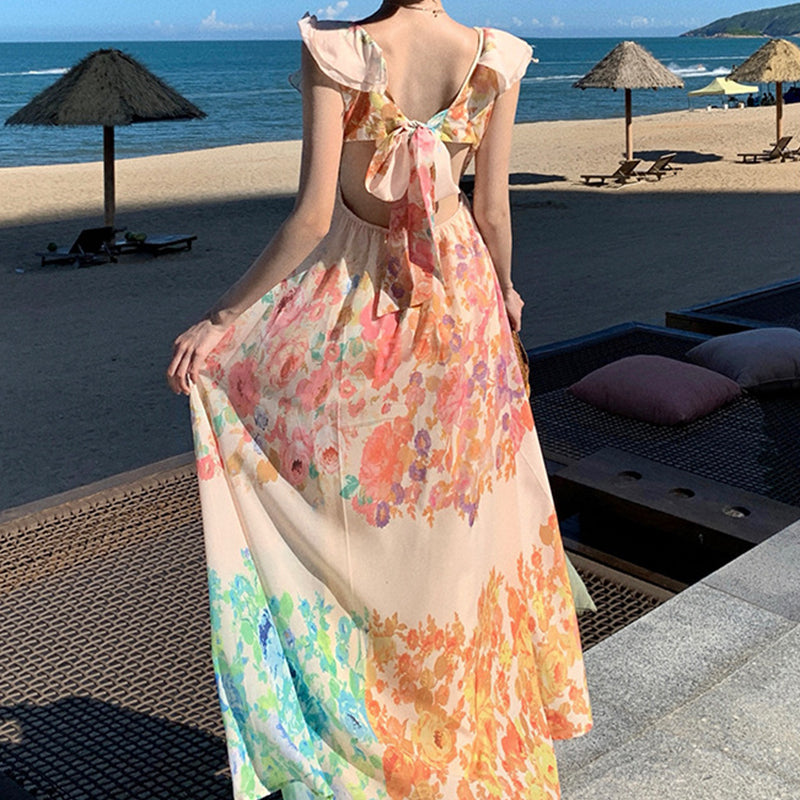 Women's V-Neck Ruffle Sleeve Floral Print Backless Maxi Dress - French-Style Beach Dress