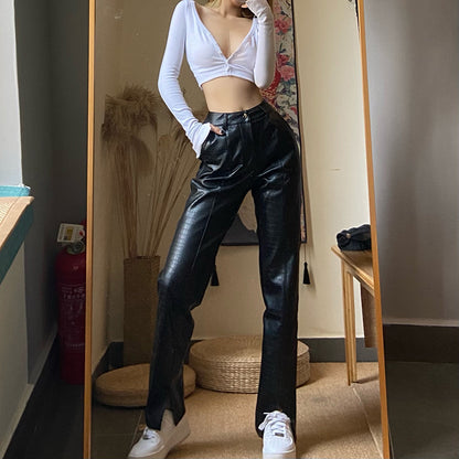 High Waist Split Leg Motorcycle Leather Pants