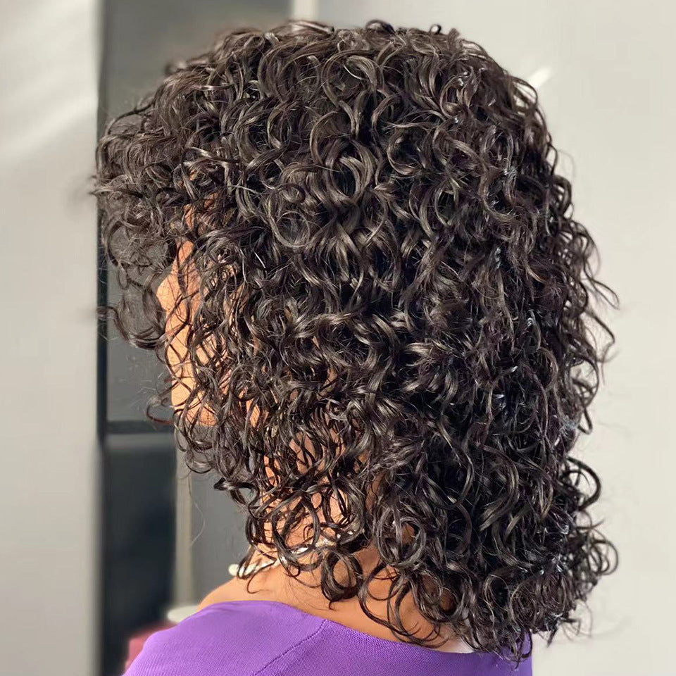 Human Hair Water Wave Wig with Bangs - Natural Black Fringe Wig