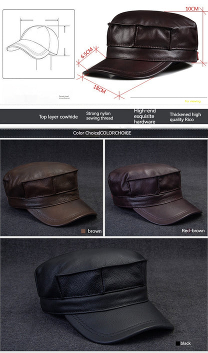 Men's Genuine Leather Octagonal Cap - Premium Cowhide Flat Top Hat