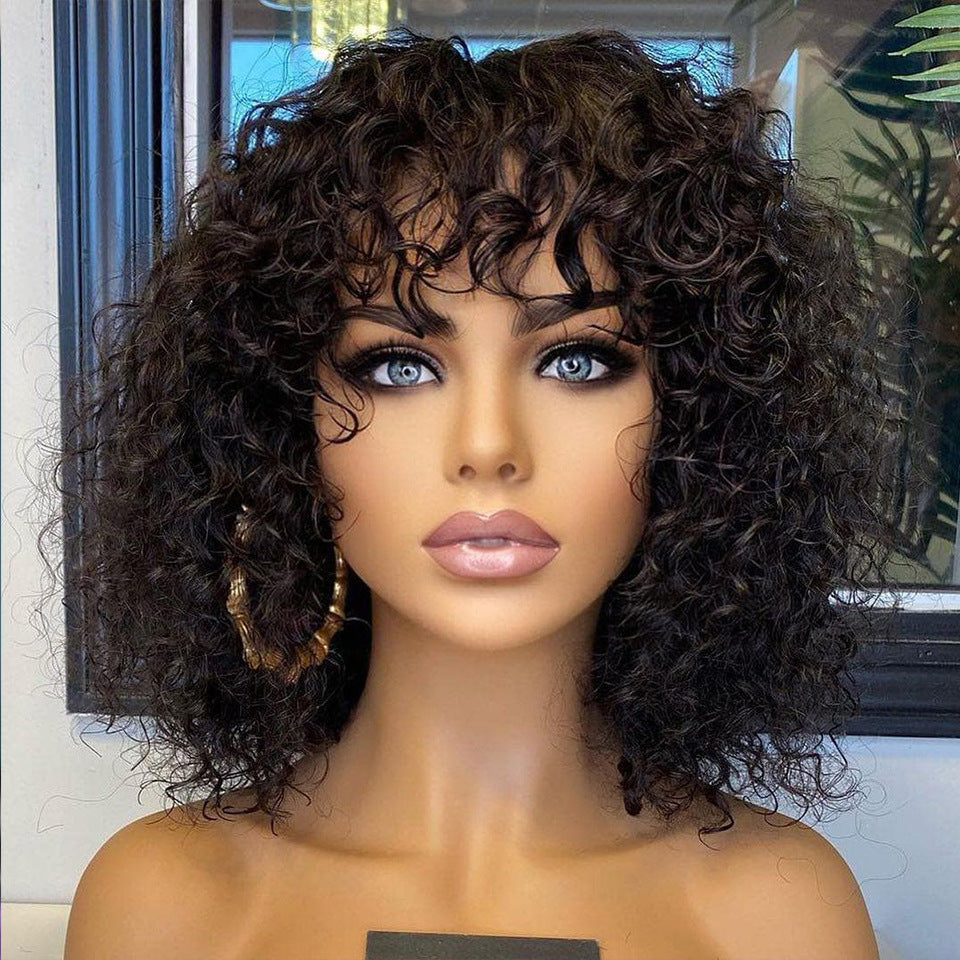 Human Hair Water Wave Wig with Bangs - Natural Black Fringe Wig
