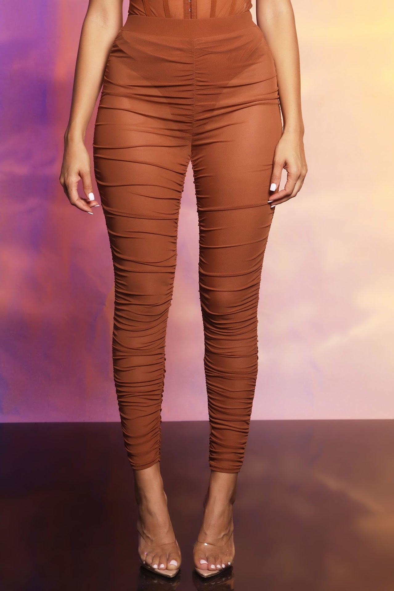 Women's Mesh Corset Bodysuit and High-Waist Stacked Pants Two-Piece Set - Street Style
