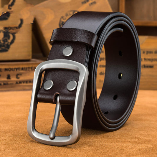 Men's Plus Size First Layer Cowhide Leather Belt - Casual Frosted Finish with Alloy Square Buckle