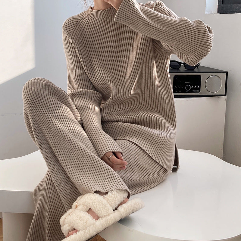 Women's Two-Piece Knitted Wide Leg Pants Set - Casual Sweater and Trousers Outfit