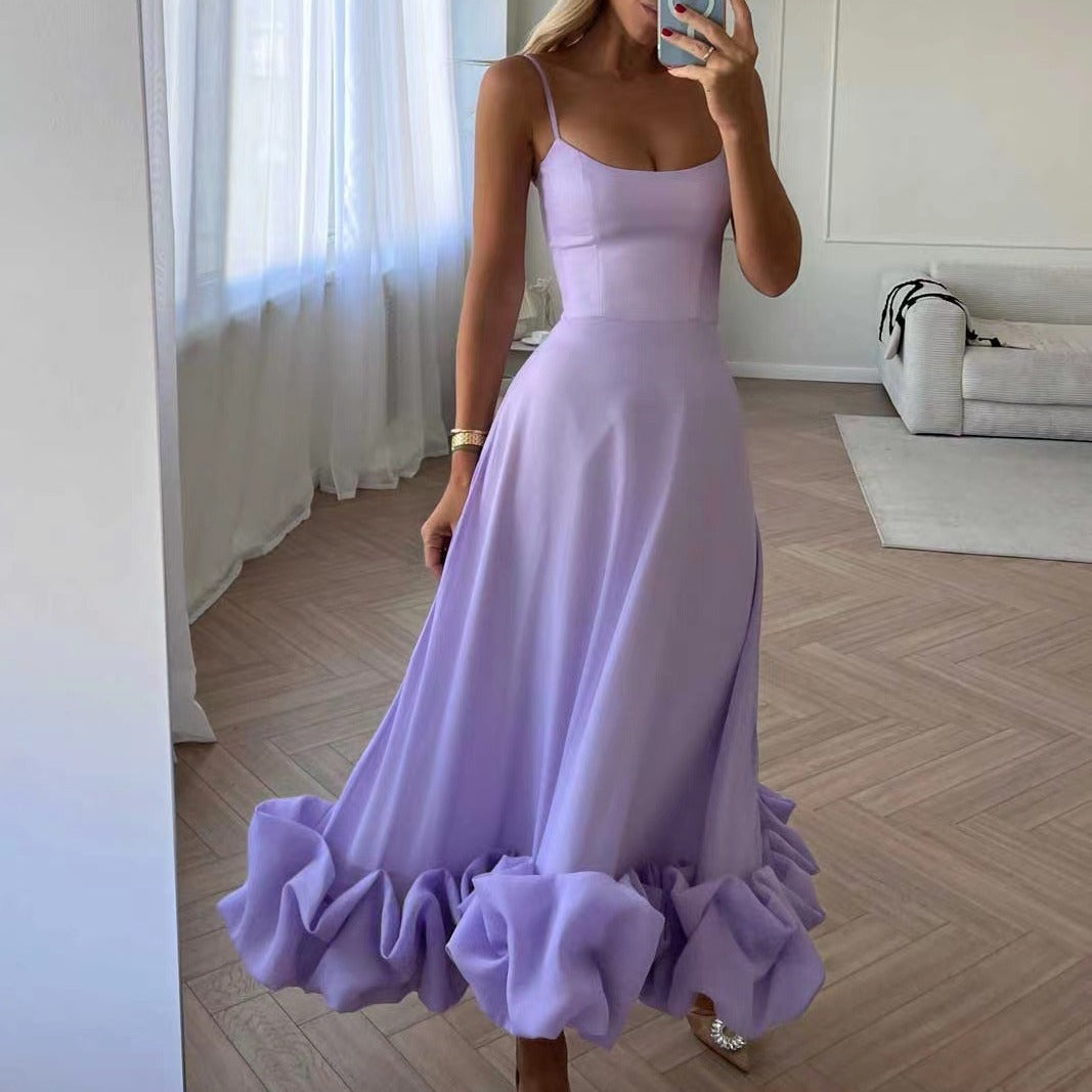 Chiffon A-Line Maxi Dress with 3D Floral Detail - Sleeveless Swing Dress with Suspenders