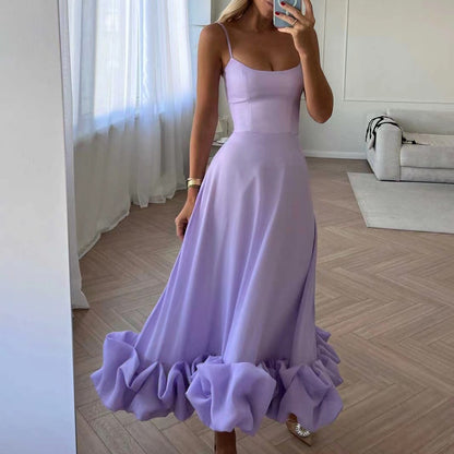 Chiffon A-Line Maxi Dress with 3D Floral Detail - Sleeveless Swing Dress with Suspenders
