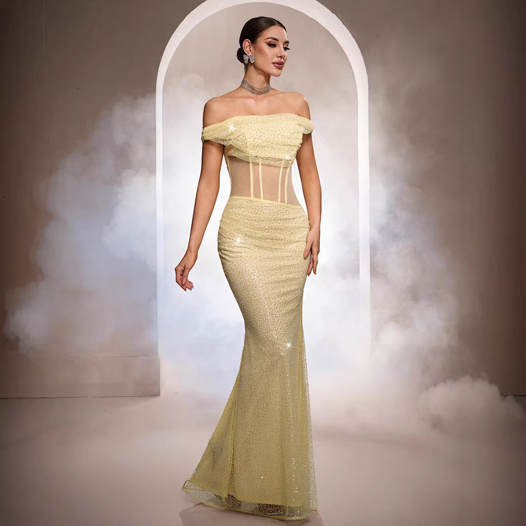 Women's Off-the-Shoulder Sequin Mermaid Evening Gown – Sleeveless Maxi Formal Dress