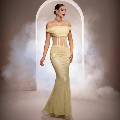 Women's Off-the-Shoulder Sequin Mermaid Evening Gown – Sleeveless Maxi Formal Dress
