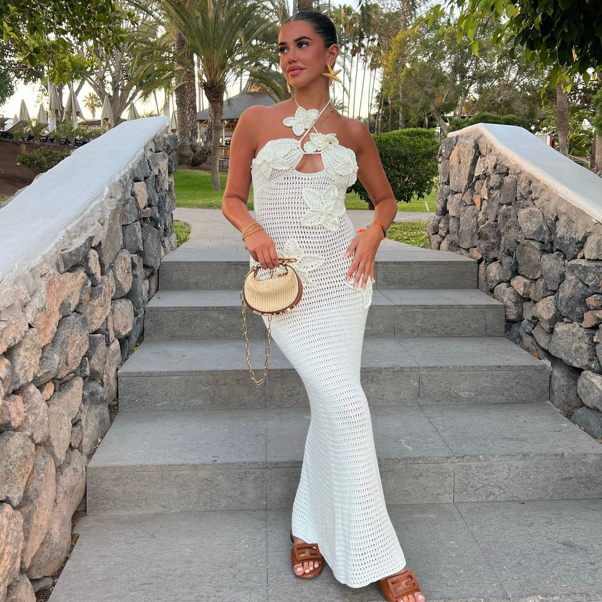 Women's Halter Neck Maxi Dress - Cotton Blend Summer Beach Dress