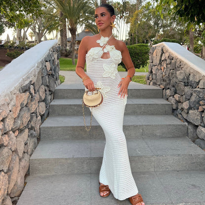 Women's Halter Neck Maxi Dress - Cotton Blend Summer Beach Dress