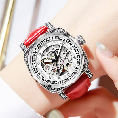 Fashion Mechanical Watch | Luminous Hands | 10m Water Resistant | Leather & Steel Strap | White, Black, Red, Steel Strip