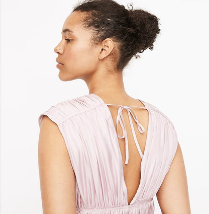 Vintage Silk Sleeveless V-Neck Lace-Up Pleated Waist Dress