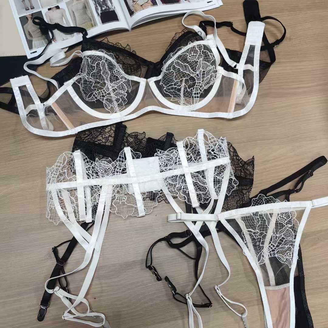 Embroidered Lace Mesh Lingerie Set - Three-Piece Bra and Underwear Collection