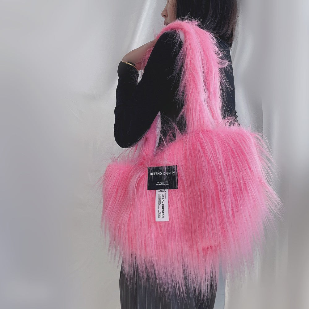 Faux Fur Arc Shoulder Bag - Plush Large Capacity Crossbody with Curved Design