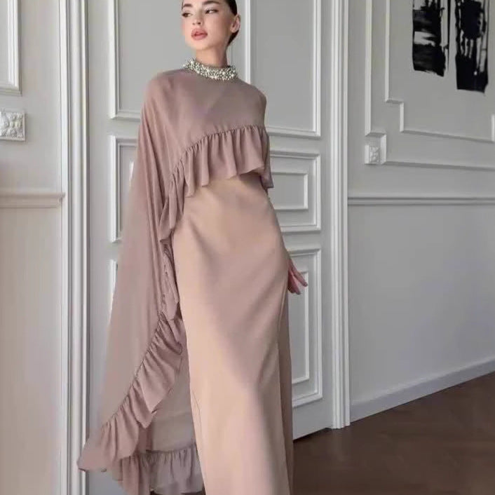 Women's Two-Piece Sleeveless Ruffled Beaded Dress Set - High-Waist Maxi Dress