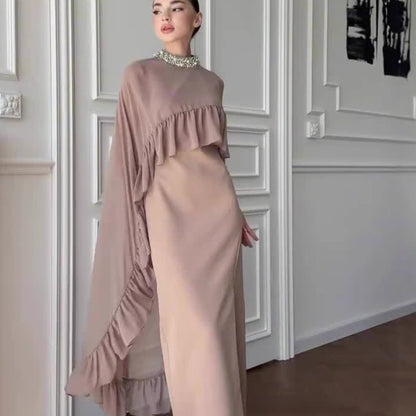 Women's Two-Piece Sleeveless Ruffled Beaded Dress Set - High-Waist Maxi Dress