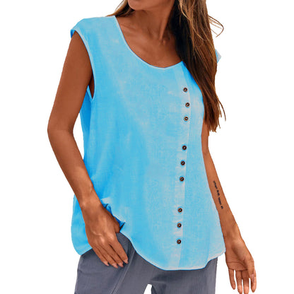 Women's Linen Blend Sleeveless Top - Asymmetric Button Detail