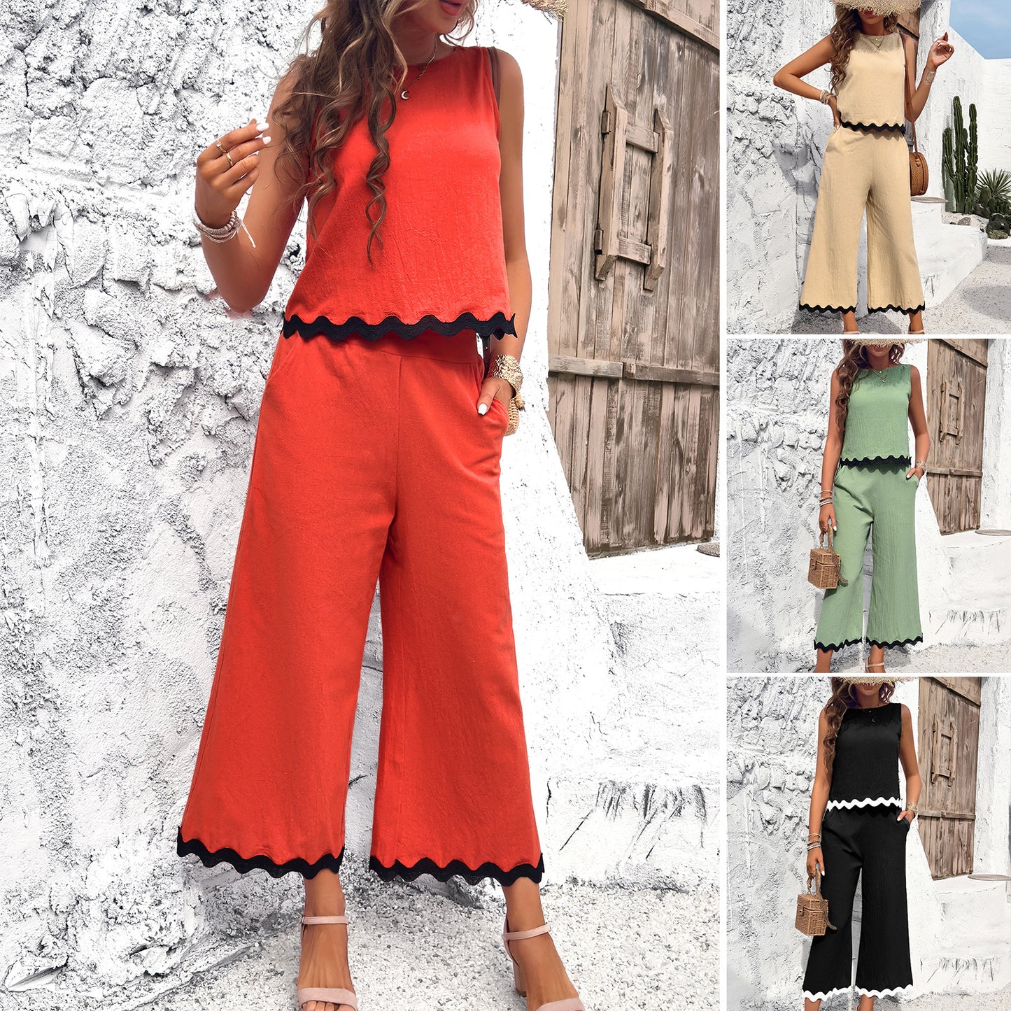 Women's Summer Wave Print Two-Piece Set - Sleeveless Top and Straight Pants