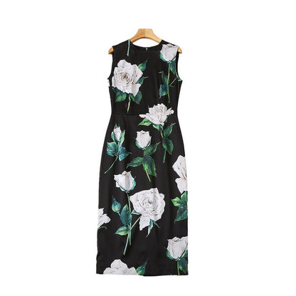 Women's Rose Print Silk Sleeveless Dress - 100% Silkworm Silk Summer Dress with Round Neckline