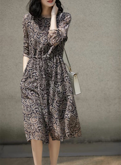 Women's Autumn Botanical Print Silk Dress - 100% Silk with Paisley Pattern and Round Neckline