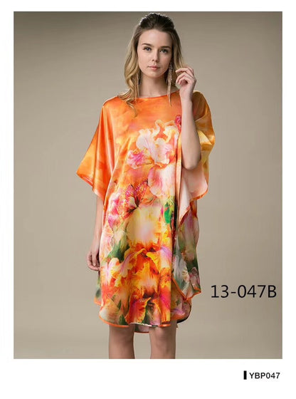Women's Luxe Silk Bat Sleeve Nightdress - 100% Mulberry Silk Loose Fit Pajama Dress with Inkjet Prints
