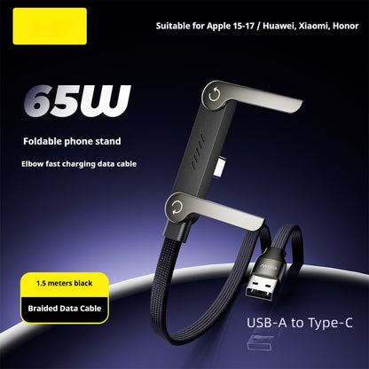 2-in-1 Fast Charging Cable with Built-In Foldable Phone Stand - 90° Elbow Braided Type-C Cable
