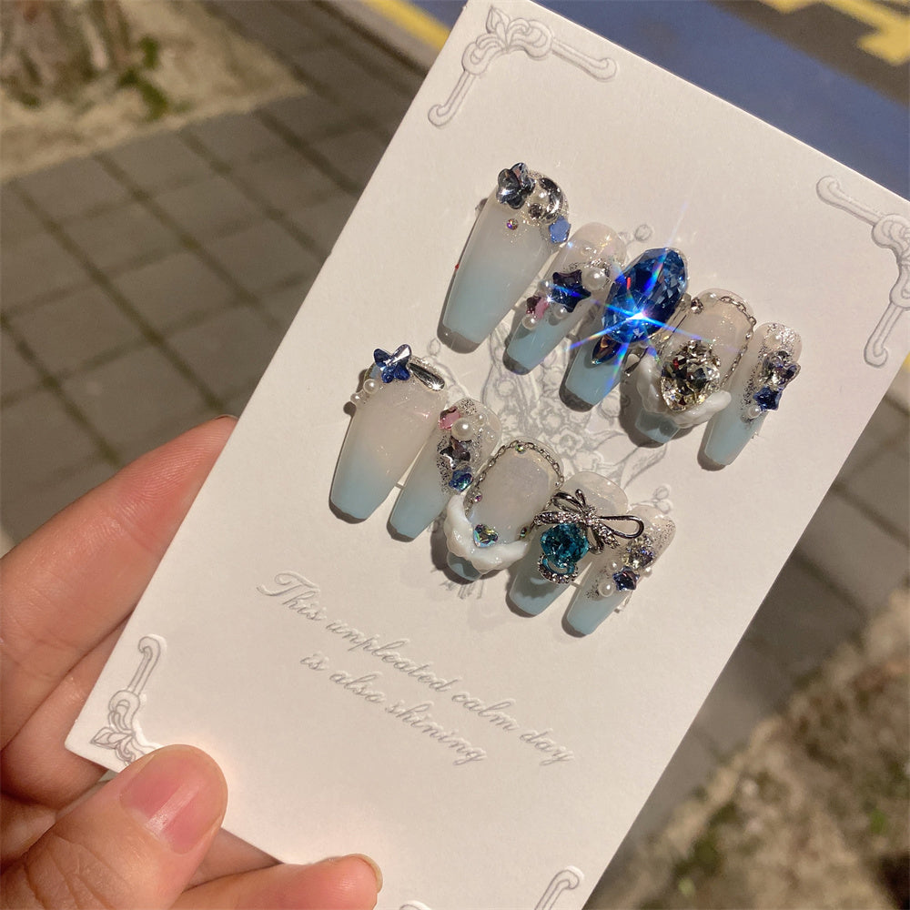 Sea Blue Dove Egg Press-On Nails - False Nail Stickers Set