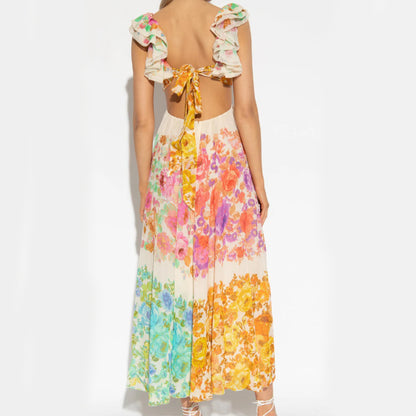 Women's V-Neck Ruffle Sleeve Floral Print Backless Maxi Dress - French-Style Beach Dress