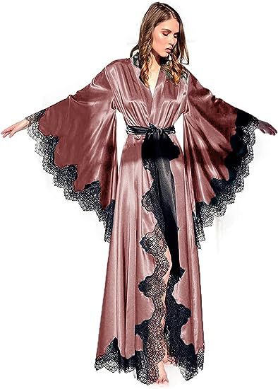 Women's Long Satin Bridal Robe with Lace Trim - V-Neck Wrap Sleepwear