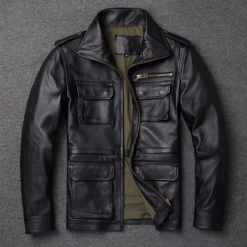Men's Genuine Cowhide Leather Jacket - Mid-Length Reversible Workwear Jacket