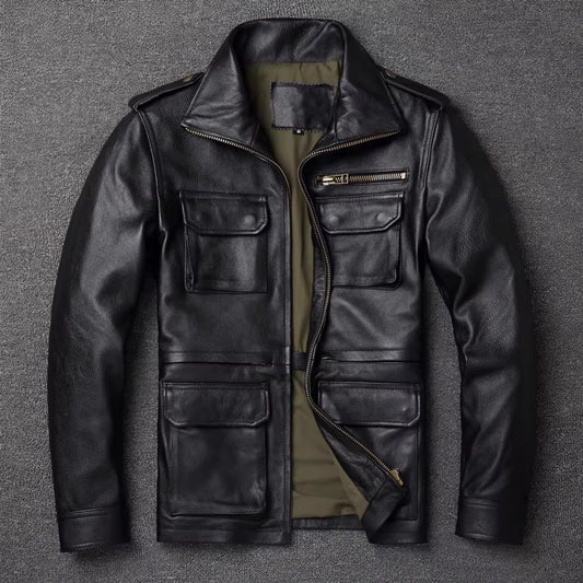 Men's Genuine Cowhide Leather Jacket - Mid-Length Reversible Workwear Jacket