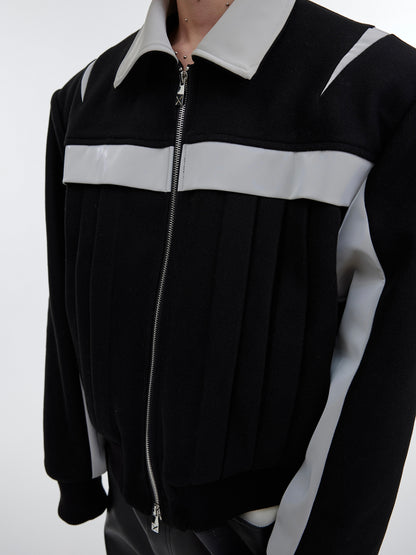 Color Block PU Leather & Wool Composite Jacket - Contemporary Style