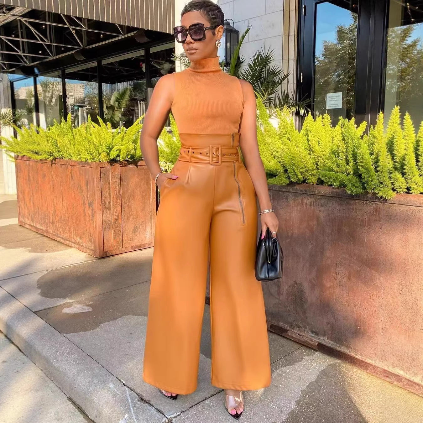 Women's PU High-Waist Straight-Leg Pants - Urban Style Full-Length Trousers